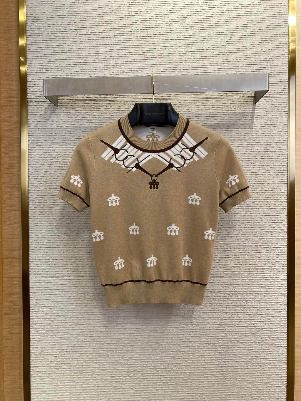 Beiger Strickpullover mit Kurzarm & Allover-Muster – Damen