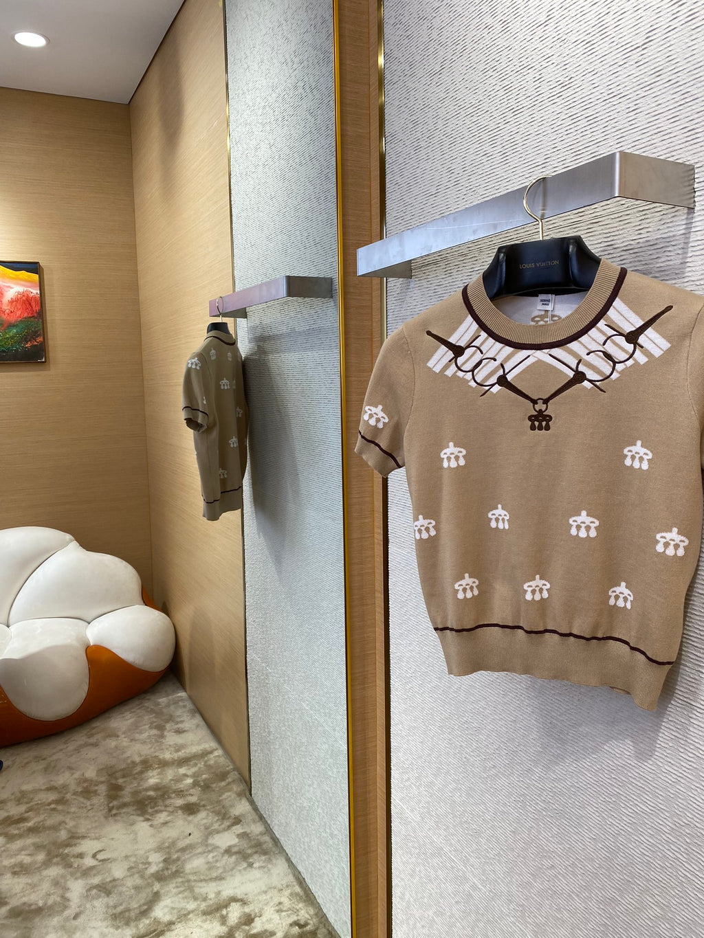 Beiger Strickpullover mit Kurzarm & Allover-Muster – Damen