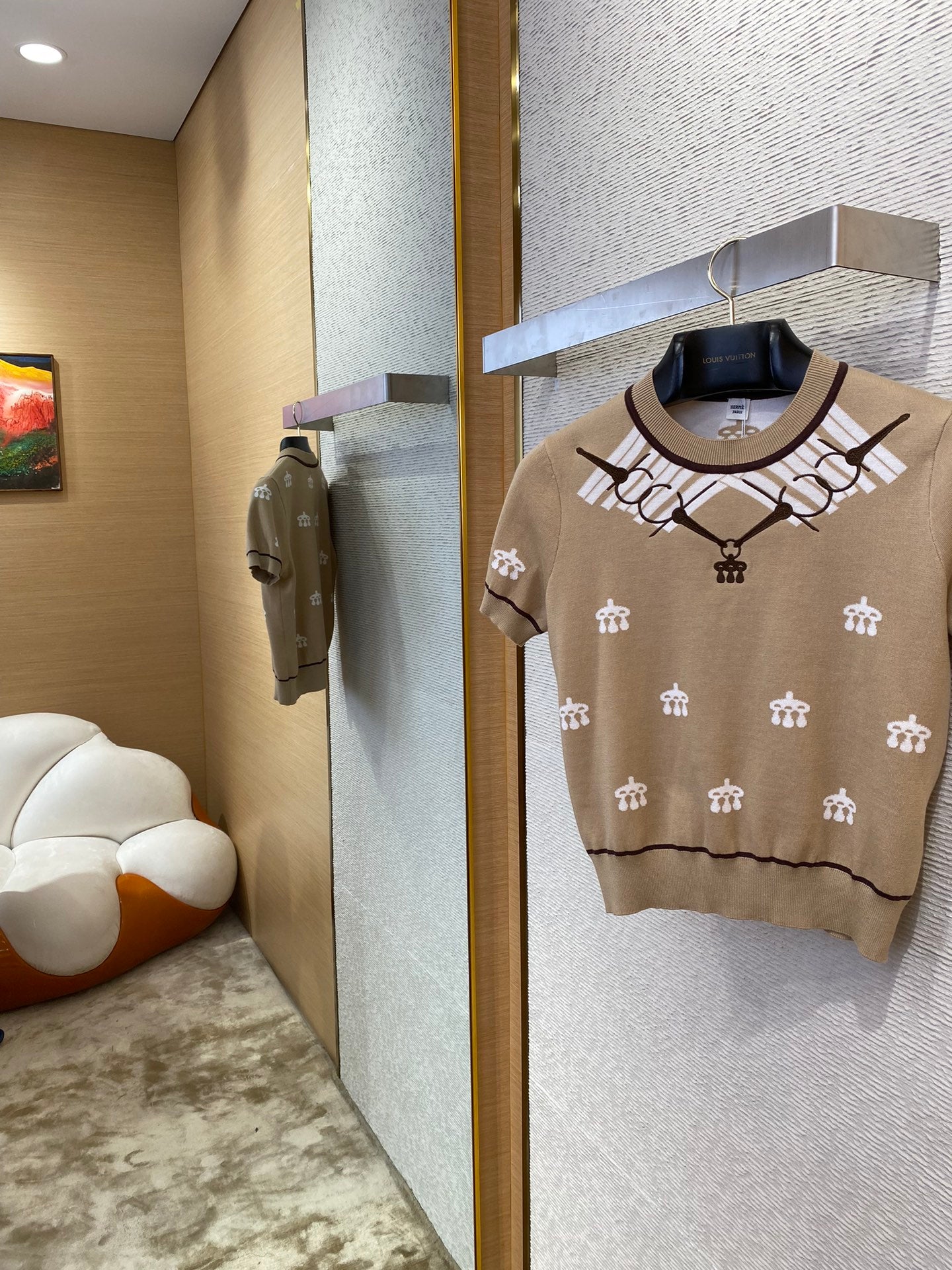 Beiger Strickpullover mit Kurzarm & Allover-Muster – Damen