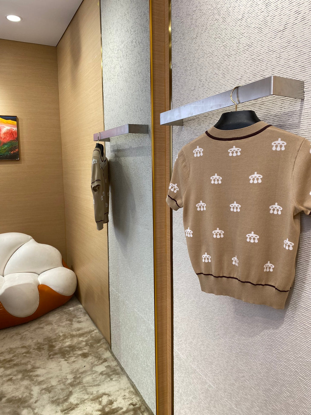 Beiger Strickpullover mit Kurzarm & Allover-Muster – Damen