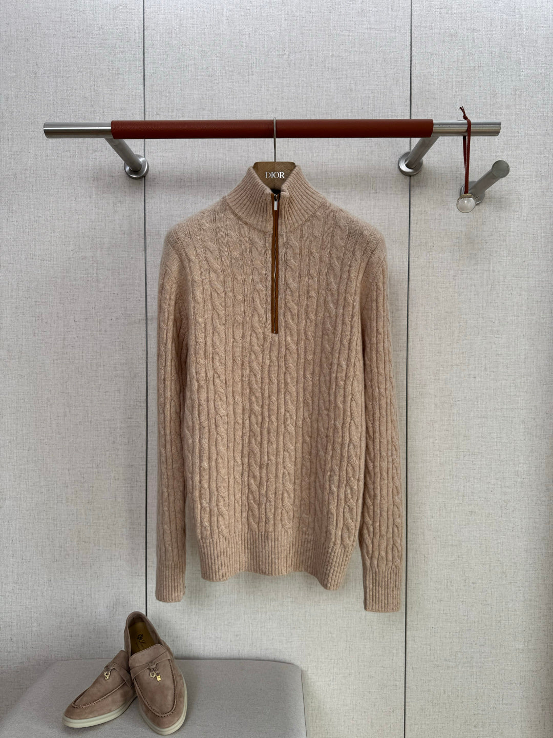 Lora Piana Strickpullover Beige – Luxus Halbzipp Pullover mit Zopfmuster