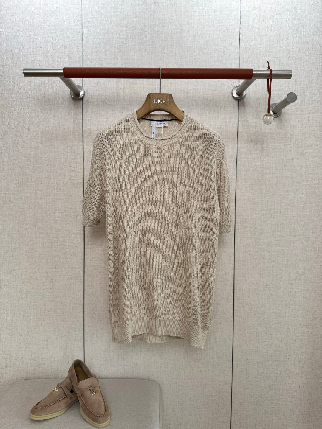 Brunello Cucinelli Naturbeiges Strick-T-Shirt aus Baumwolle in Strukturstrick