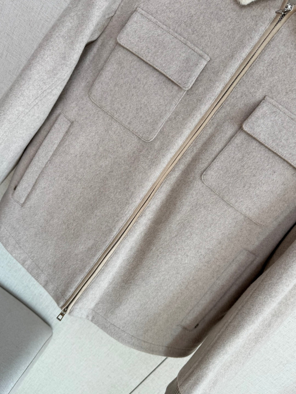 Loro Piana Beige Herren Wolljacke mit Shearling-Kragen und Reissverschluss