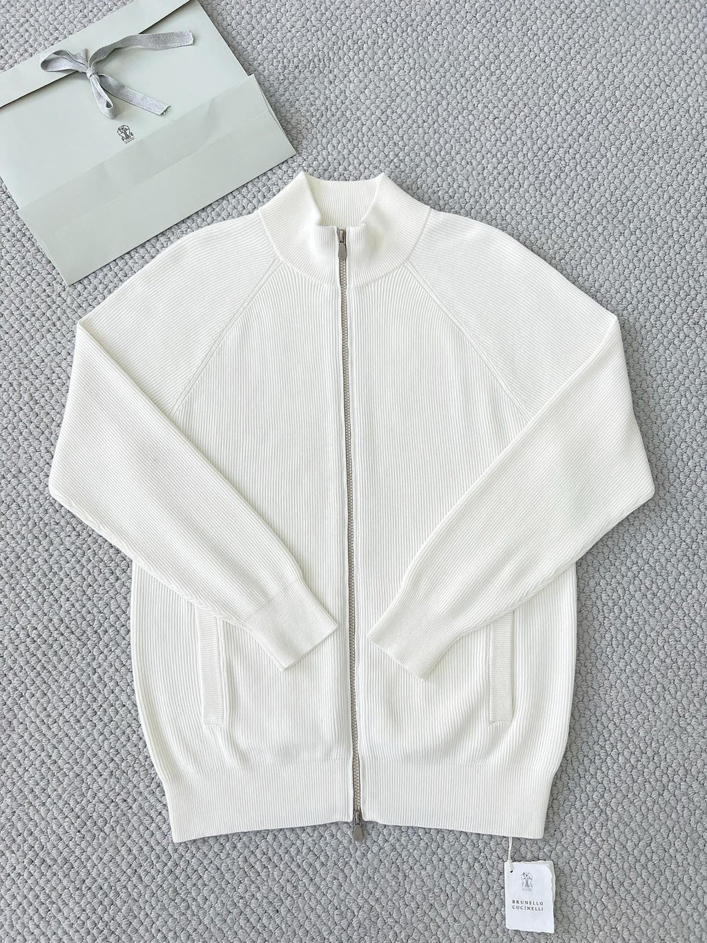 Brunello Cucinelli Herren-Strickjacke mit Zipper Weiss