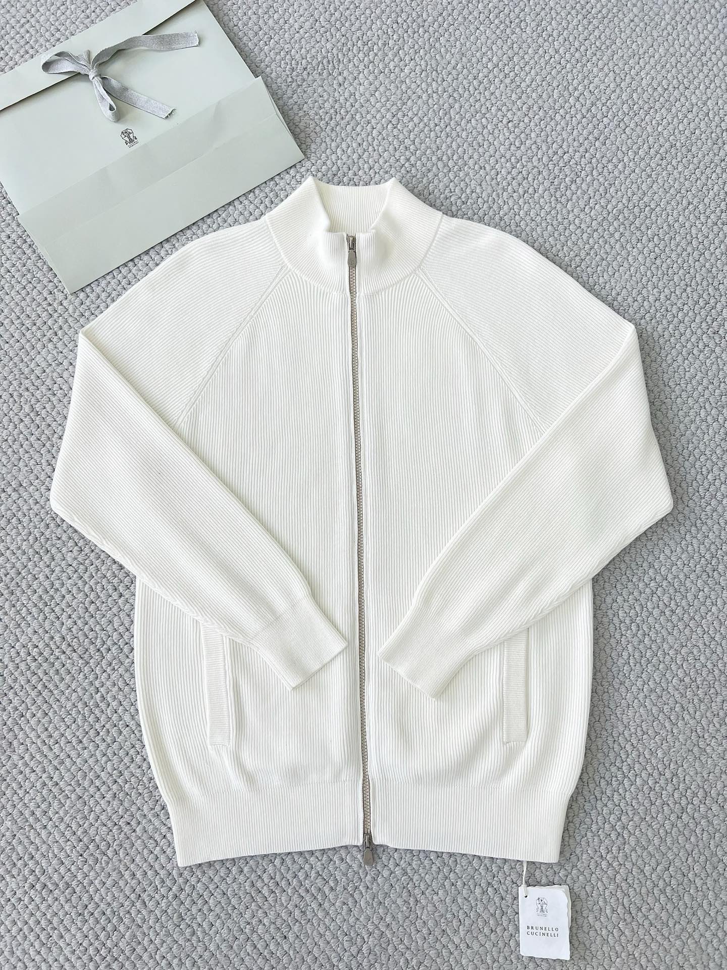 Brunello Cucinelli Herren-Strickjacke mit Zipper Weiss