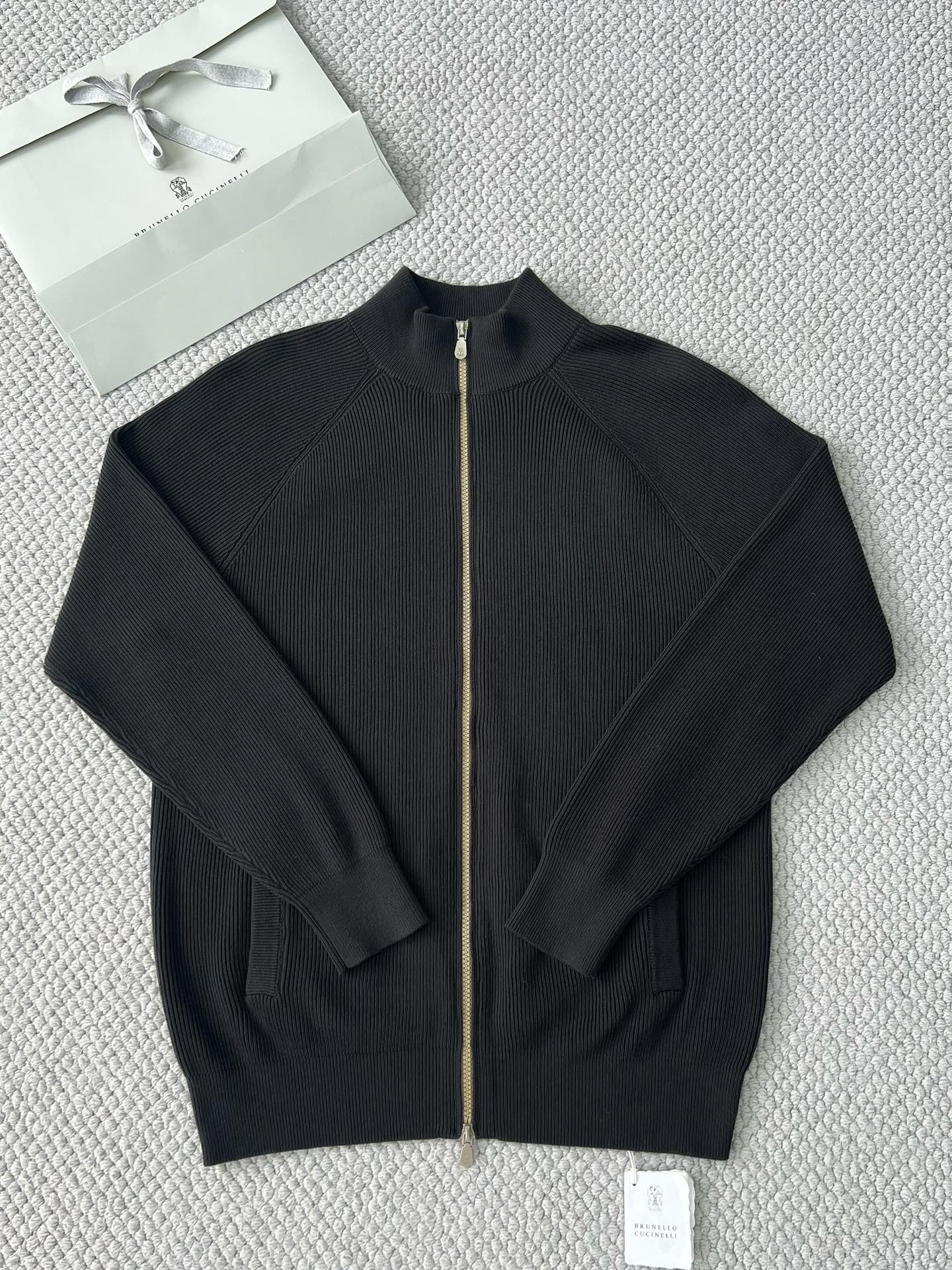 Brunello Cucinelli Herren-Strickjacke mit Zipper Dunkelgrau