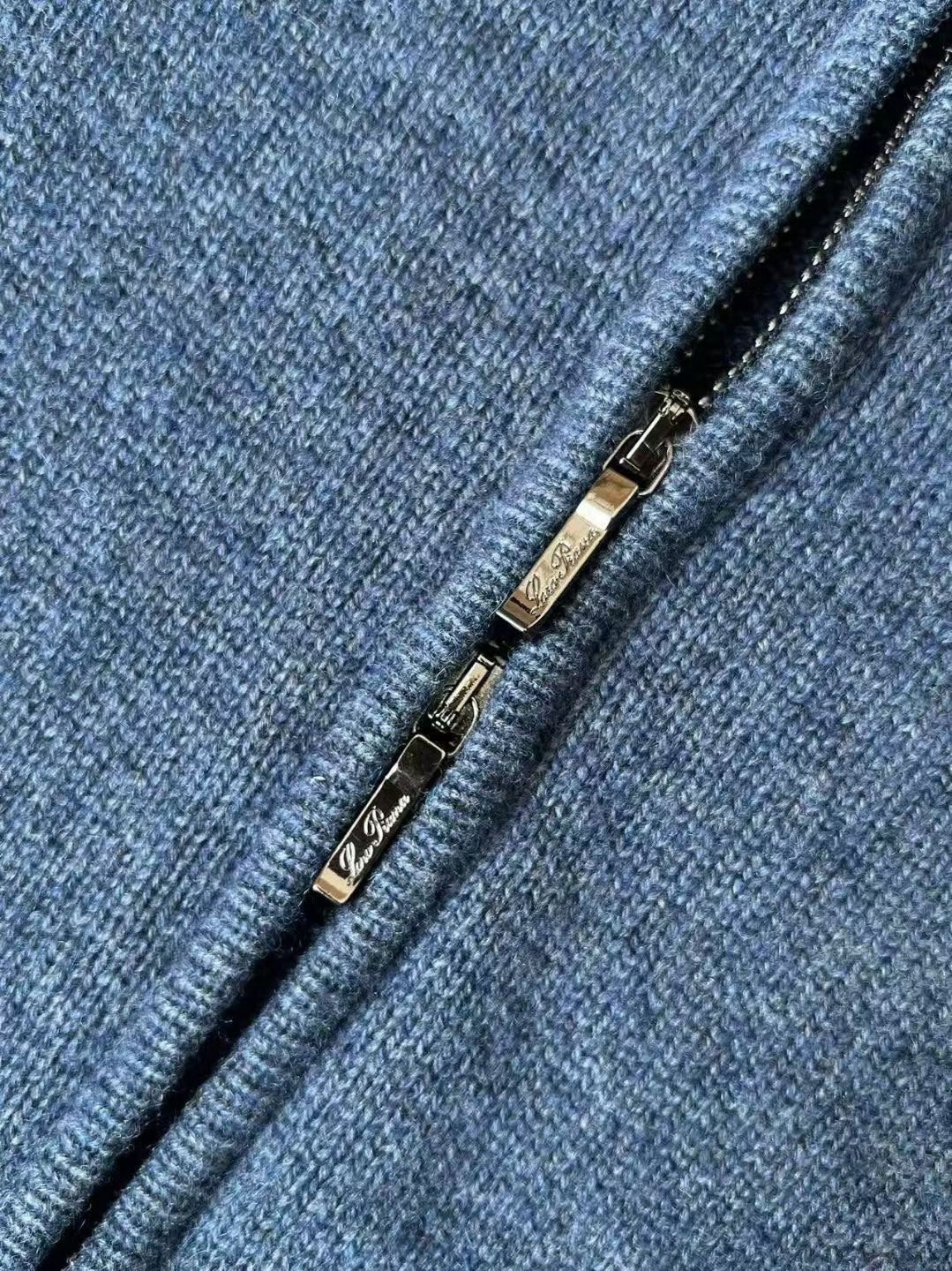 Loro Piana Strickjacke aus blauem Kaschmir mit Reissverschluss und gerippten Abschlüssen