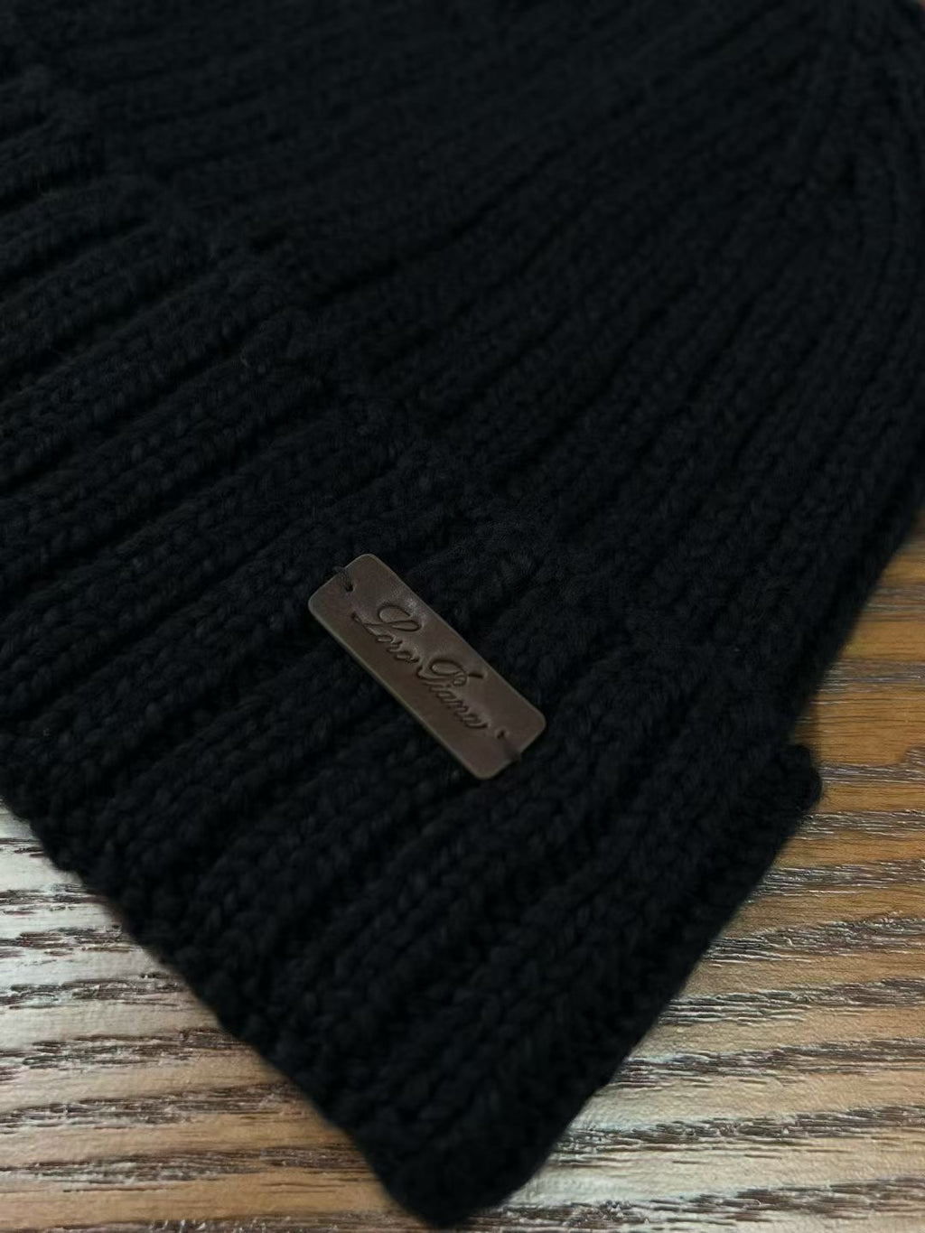 Loro Piana – Schwarzes Beanie aus Baumwolle mit Kalbsleder-Insert
