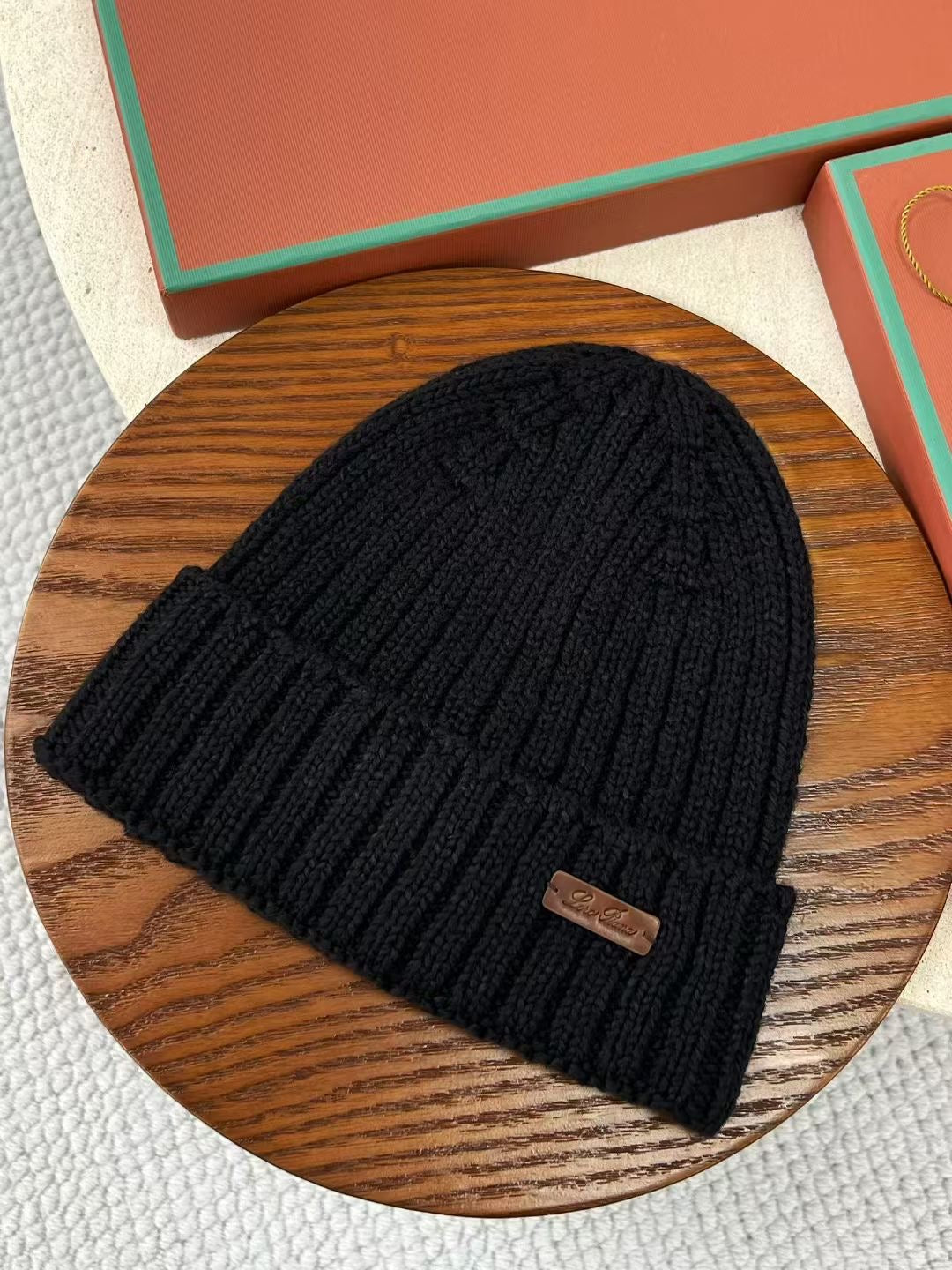 Loro Piana – Schwarzes Beanie aus Baumwolle mit Kalbsleder-Insert