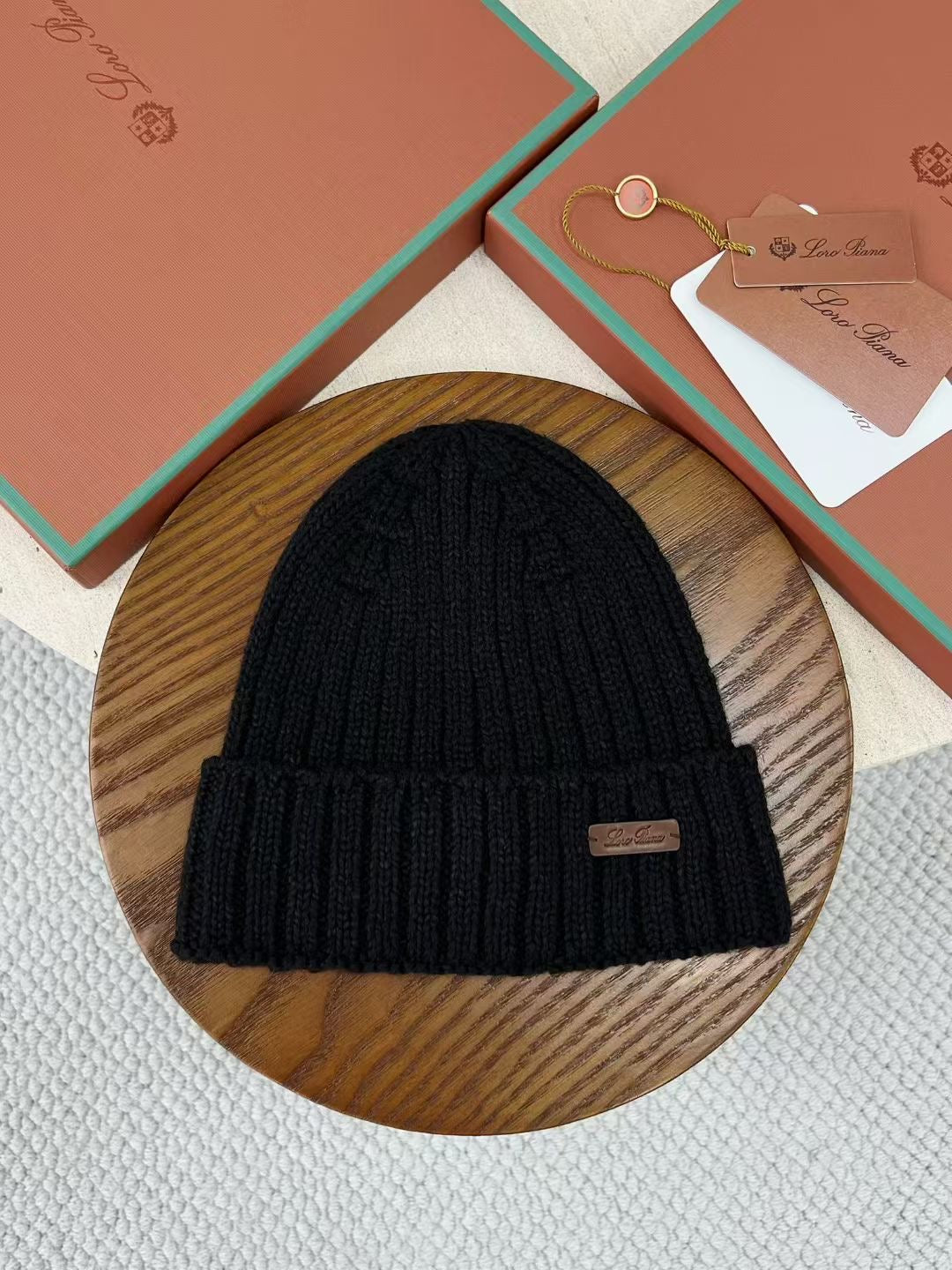 Loro Piana – Schwarzes Beanie aus Baumwolle mit Kalbsleder-Insert