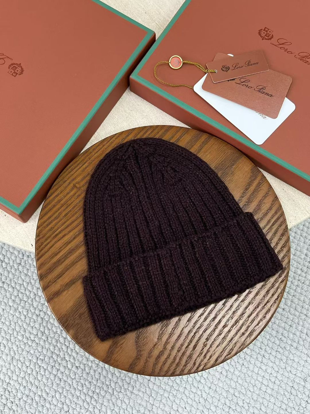 Loro Piana – Dunkelbraunes Beanie aus Baumwolle mit Kalbsleder-Insert