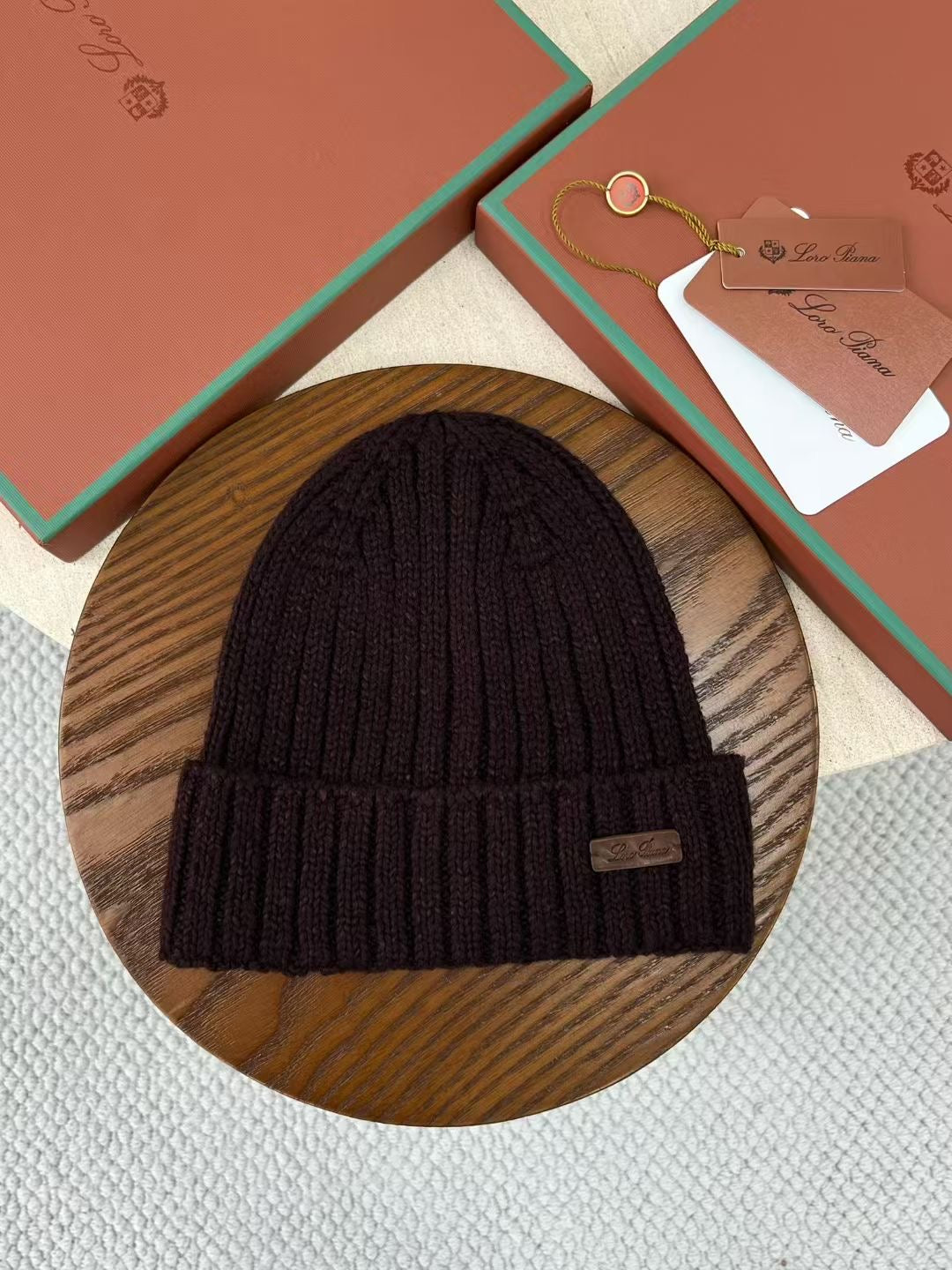 Loro Piana – Dunkelbraunes Beanie aus Baumwolle mit Kalbsleder-Insert