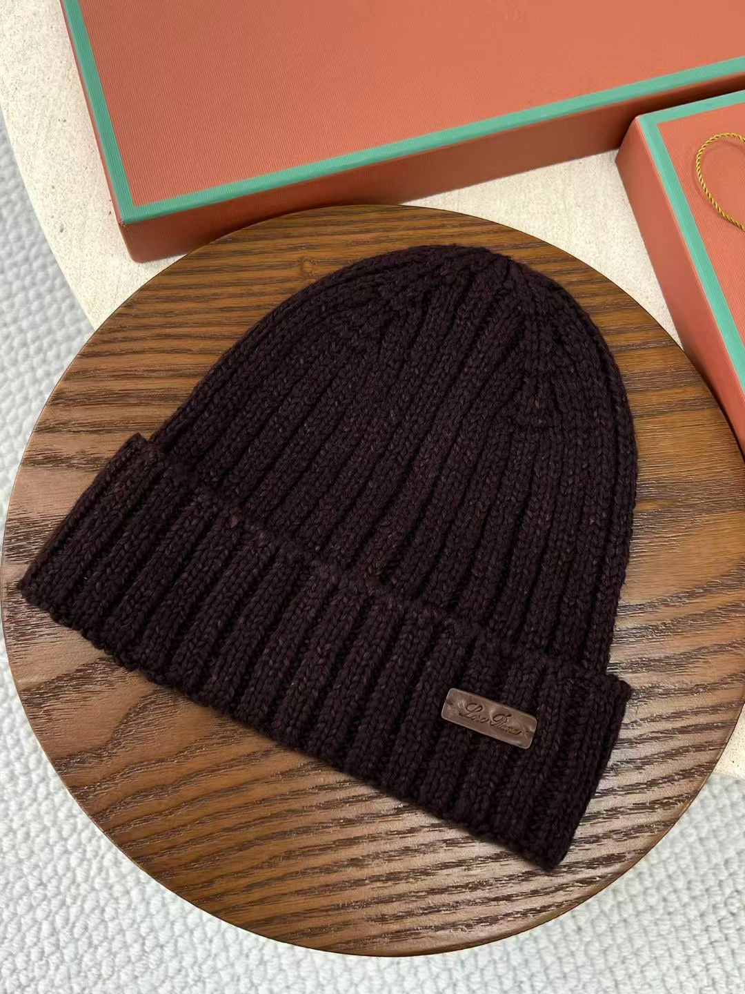 Loro Piana – Dunkelbraunes Beanie aus Baumwolle mit Kalbsleder-Insert