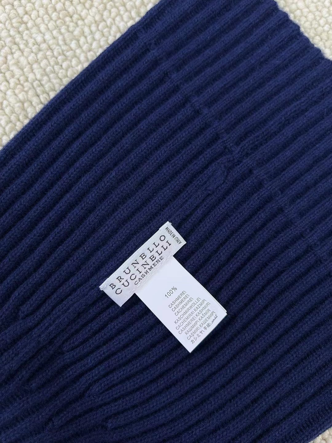 Brunello Cucinelli – Geripptes Cashmere-Beanie in Navy