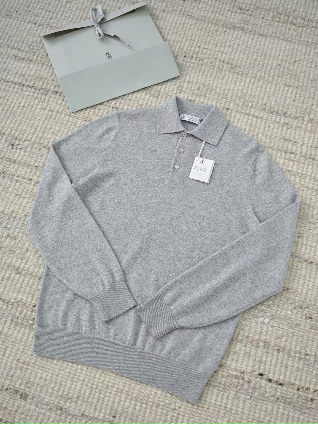 Stefano Ricci – Langarm-Polo-Pullover aus Kaschmir in Hellgrau Herren