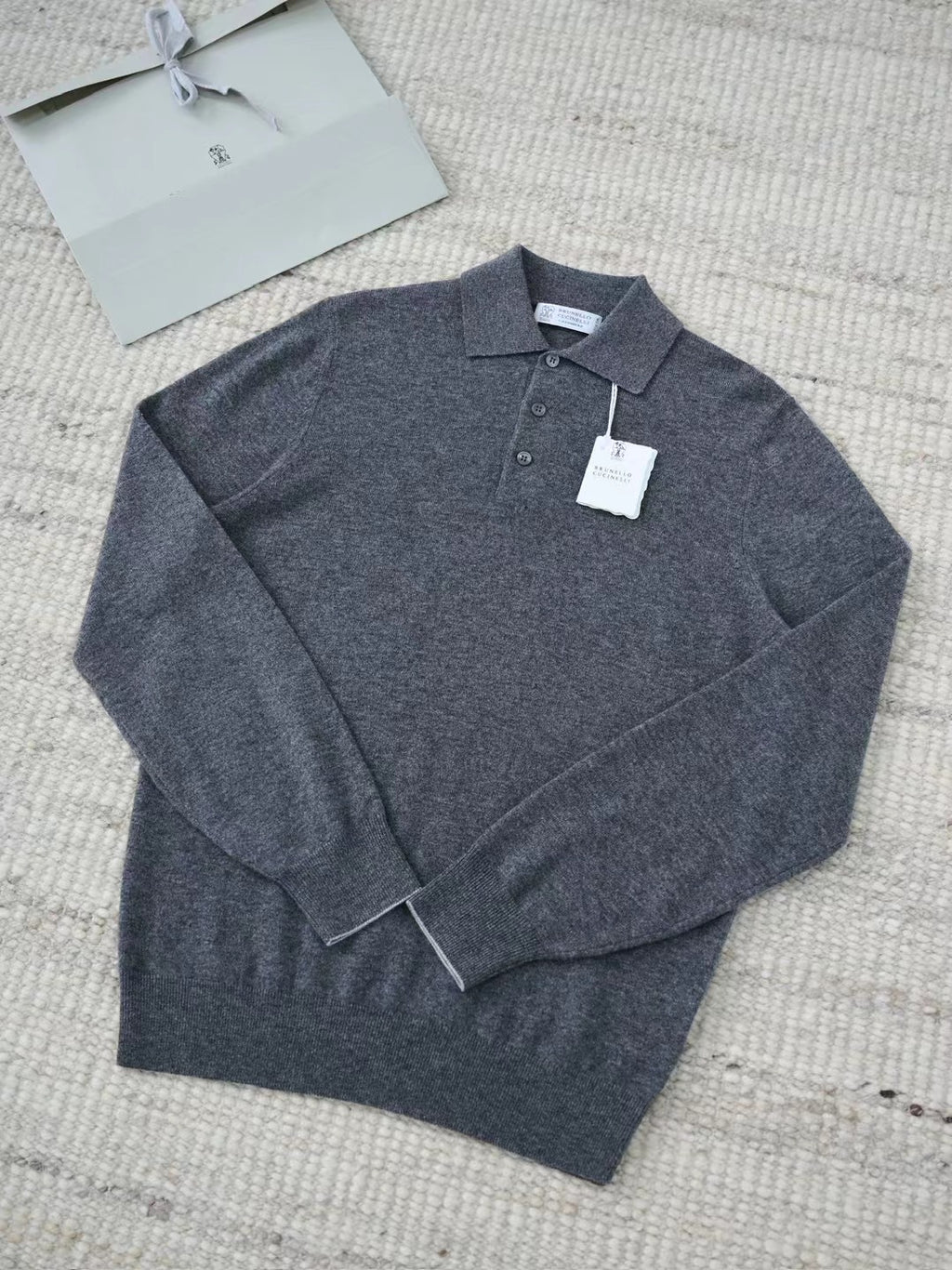 Ring Jacket Napoli – Langarm-Polo-Pullover aus Merinowolle in Dunkelgrau Herren
