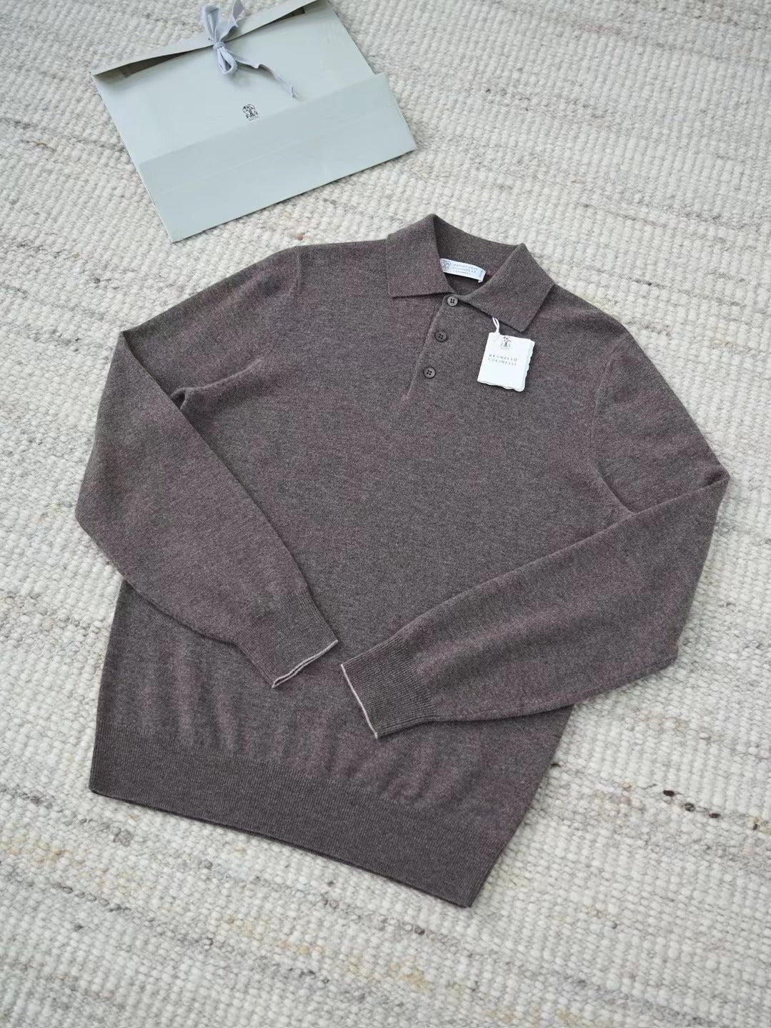 Kaschmir Polo – Langarm-Pullover aus Kaschmir in Braun Herren