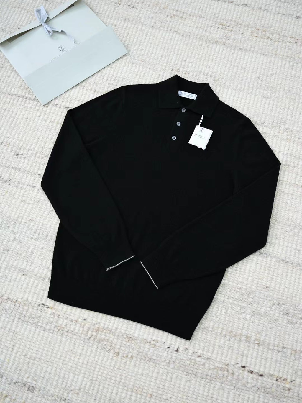 John Smedley – Langarm-Polo-Shirt aus Merinowolle in Schwarz Herren