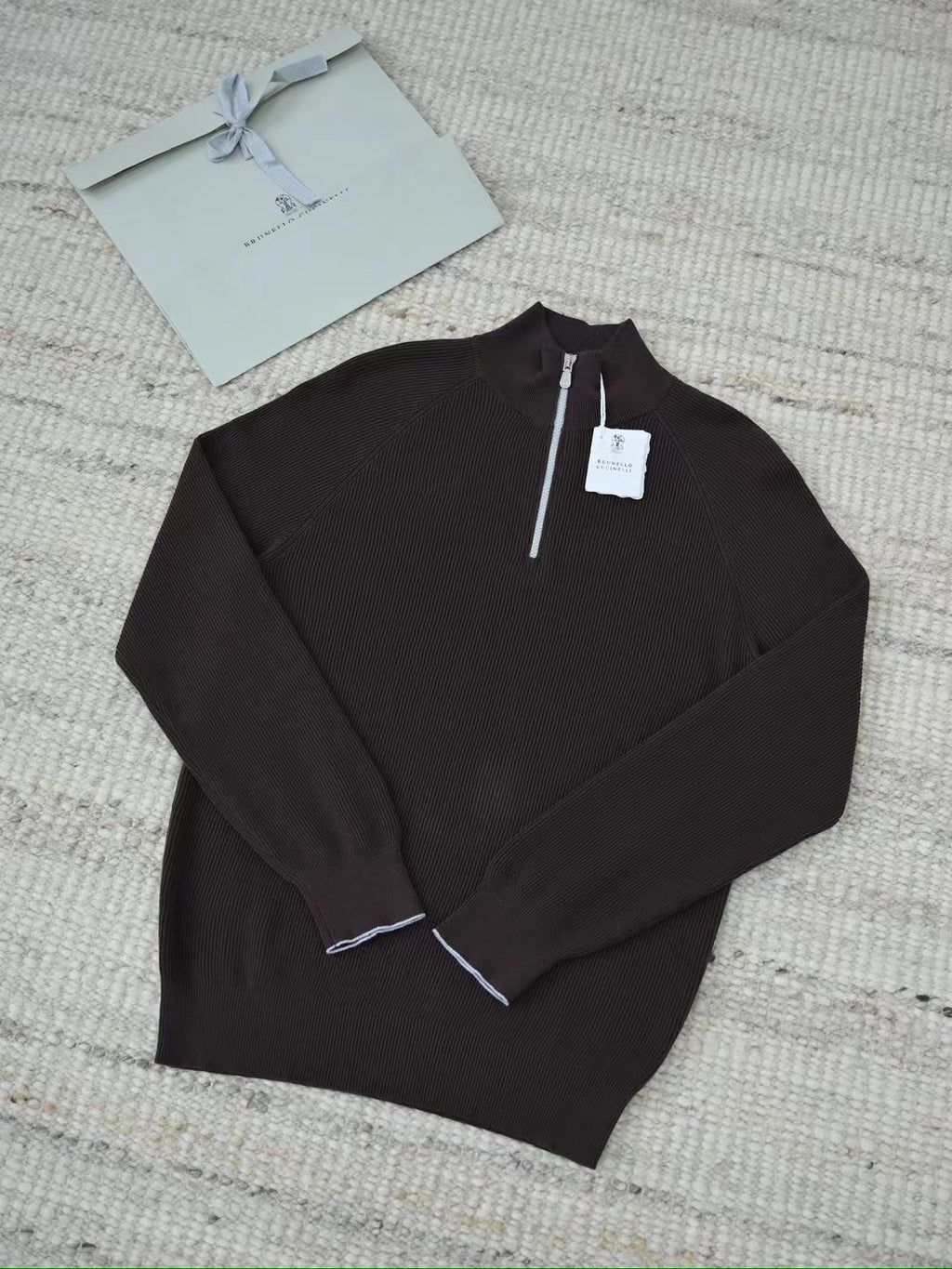 Brunello Cucinelli Viertelreissverschluss-Pullover aus Baumwolle in Dunkelbraun