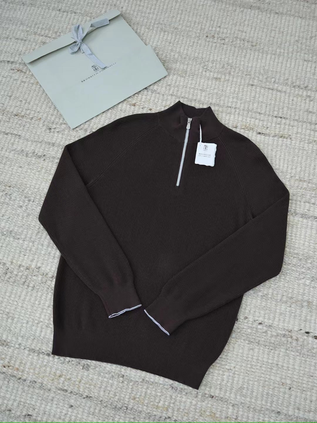 Brunello Cucinelli Viertelreissverschluss-Pullover aus Baumwolle in Dunkelbraun
