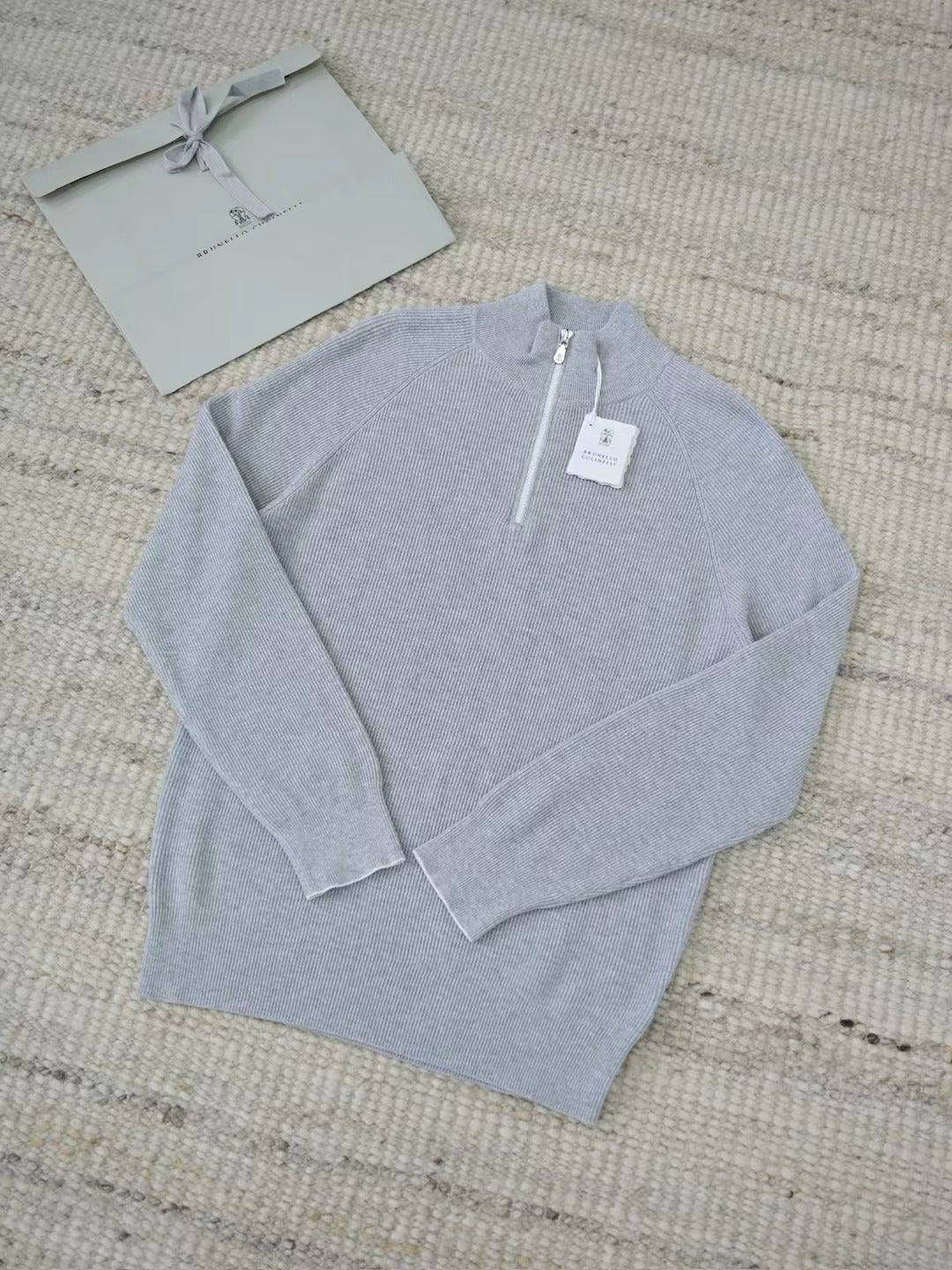 William Lockie – Gerippter Quarter-Zip-Pullover aus Wolle in Hellgrau Herren