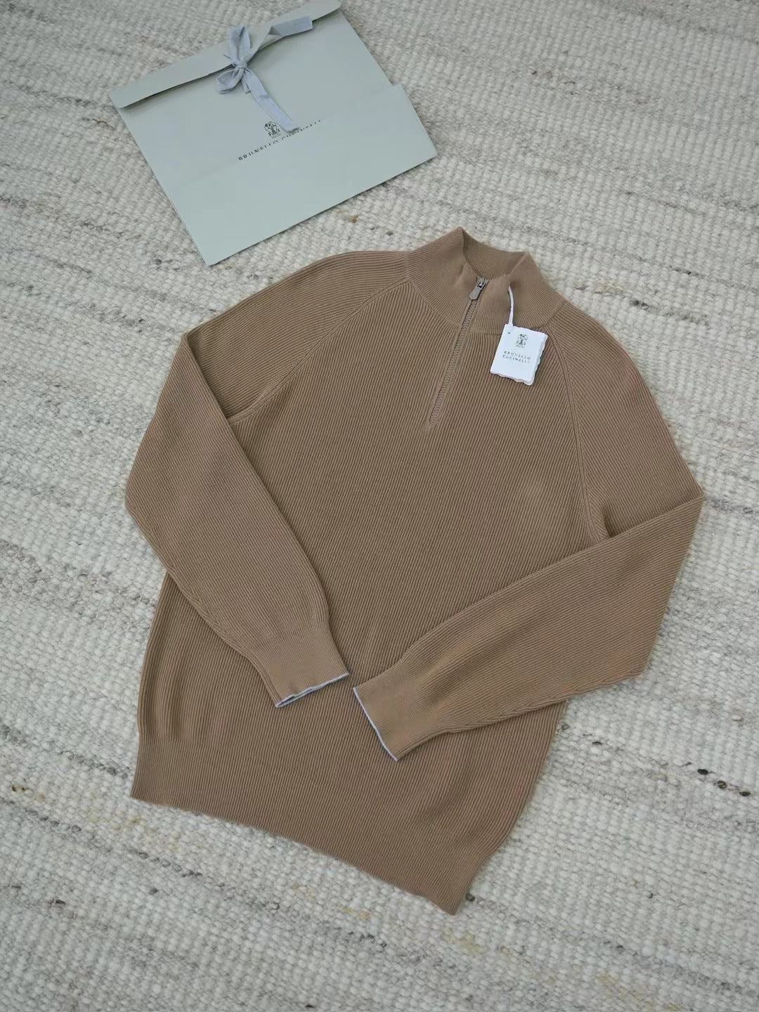 N.Peal – Gerippter Half-Zip-Pullover aus Kaschmir in Braun Herren