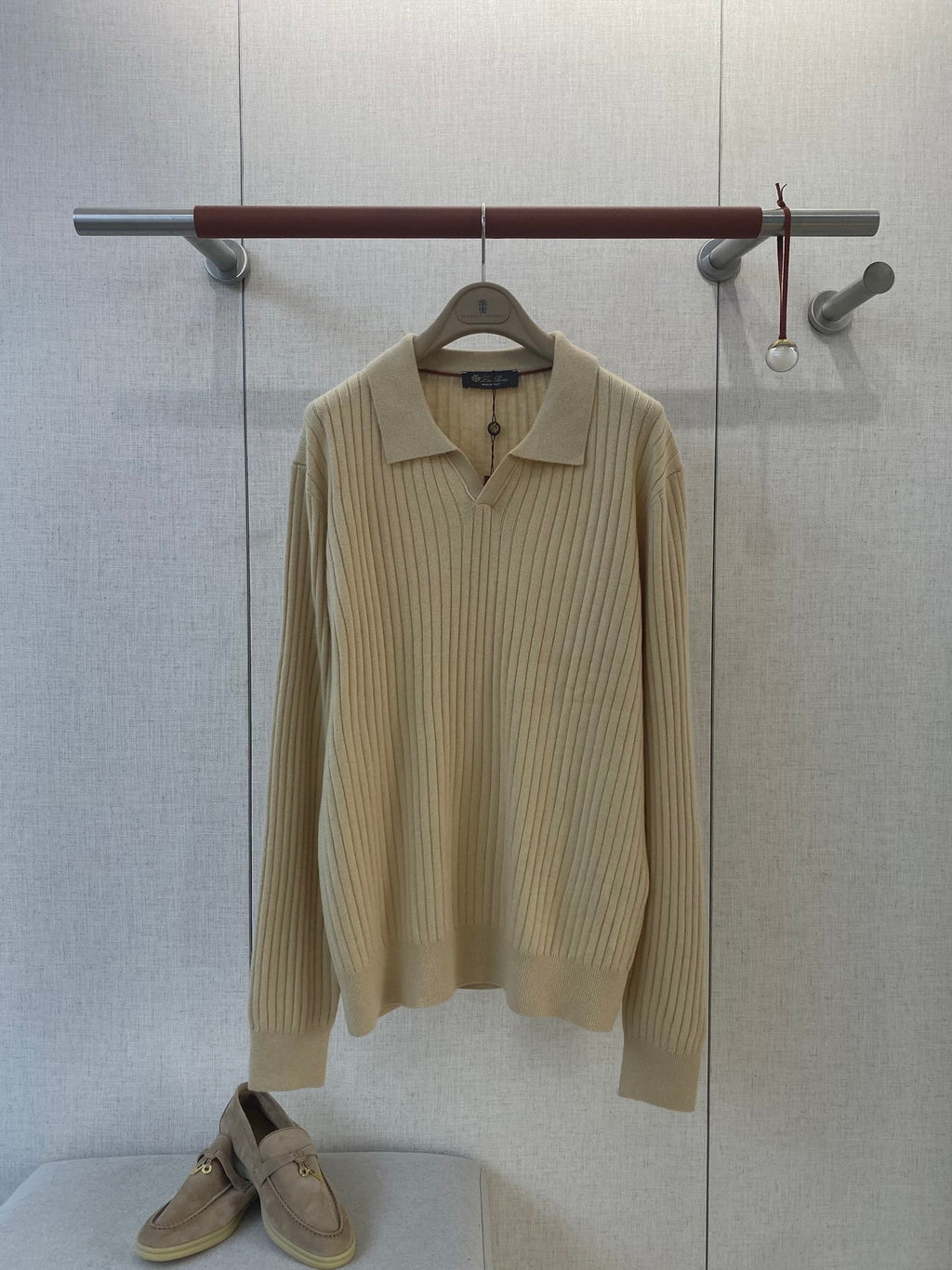 Lora Piana Polo-Strickpullover Beige – Premium Rippenstrick Weicher Longsleeve