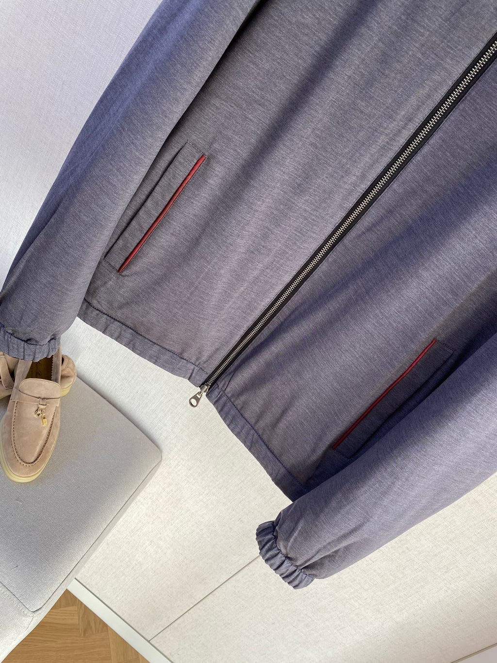 Loro Piana Herren Jacke in Dunkelgrau mit Doppelreissverschluss und Stehkragen