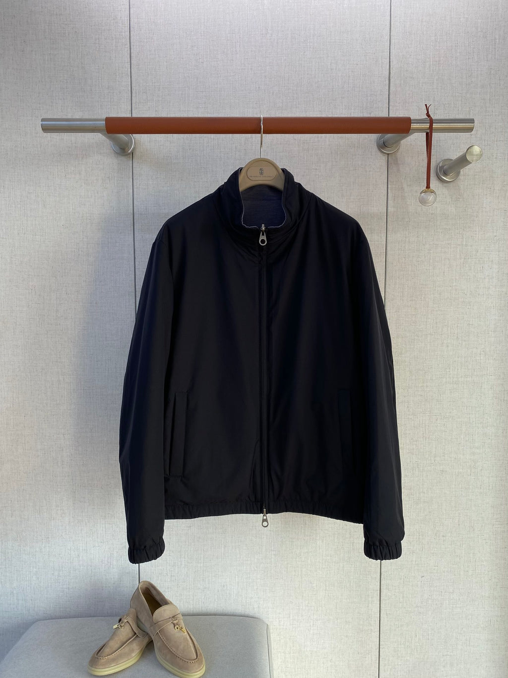 Loro Piana Herren Jacke in Dunkelgrau mit Doppelreissverschluss und Stehkragen