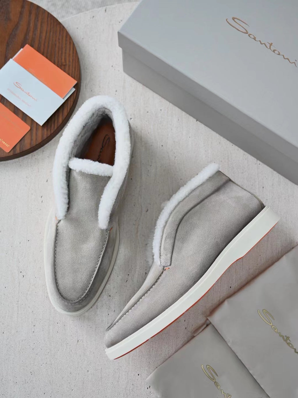 Santoni Herren Mokassin-Boots aus Veloursleder mit Lammfellfutter
