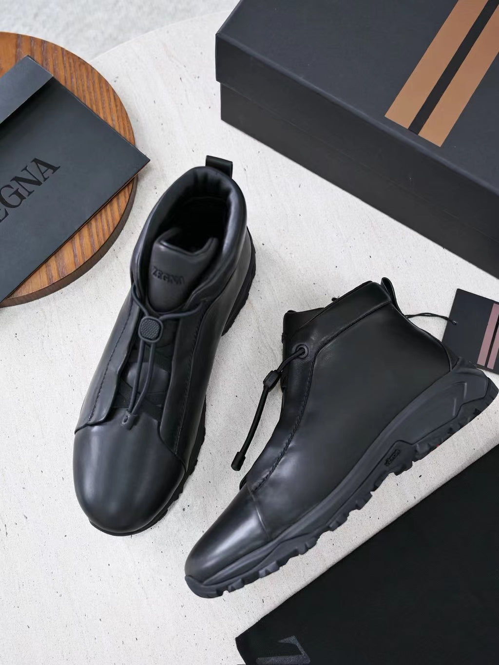 Zegna Herren Wanderboots Aus Schwarzem Glattleder mit Vibram-Sohle und Front-Zipper