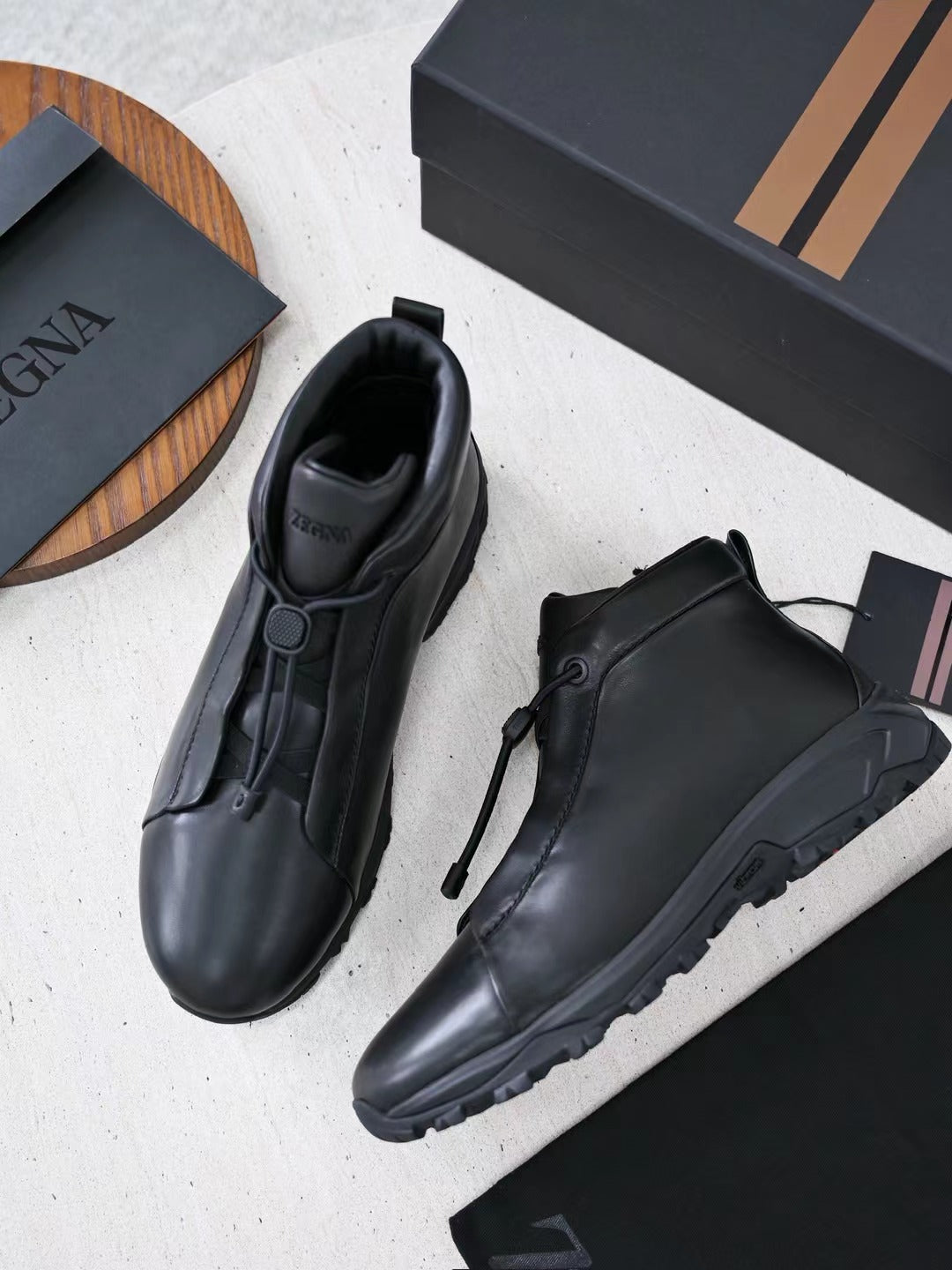 Zegna Herren Wanderboots Aus Schwarzem Glattleder mit Vibram-Sohle und Front-Zipper