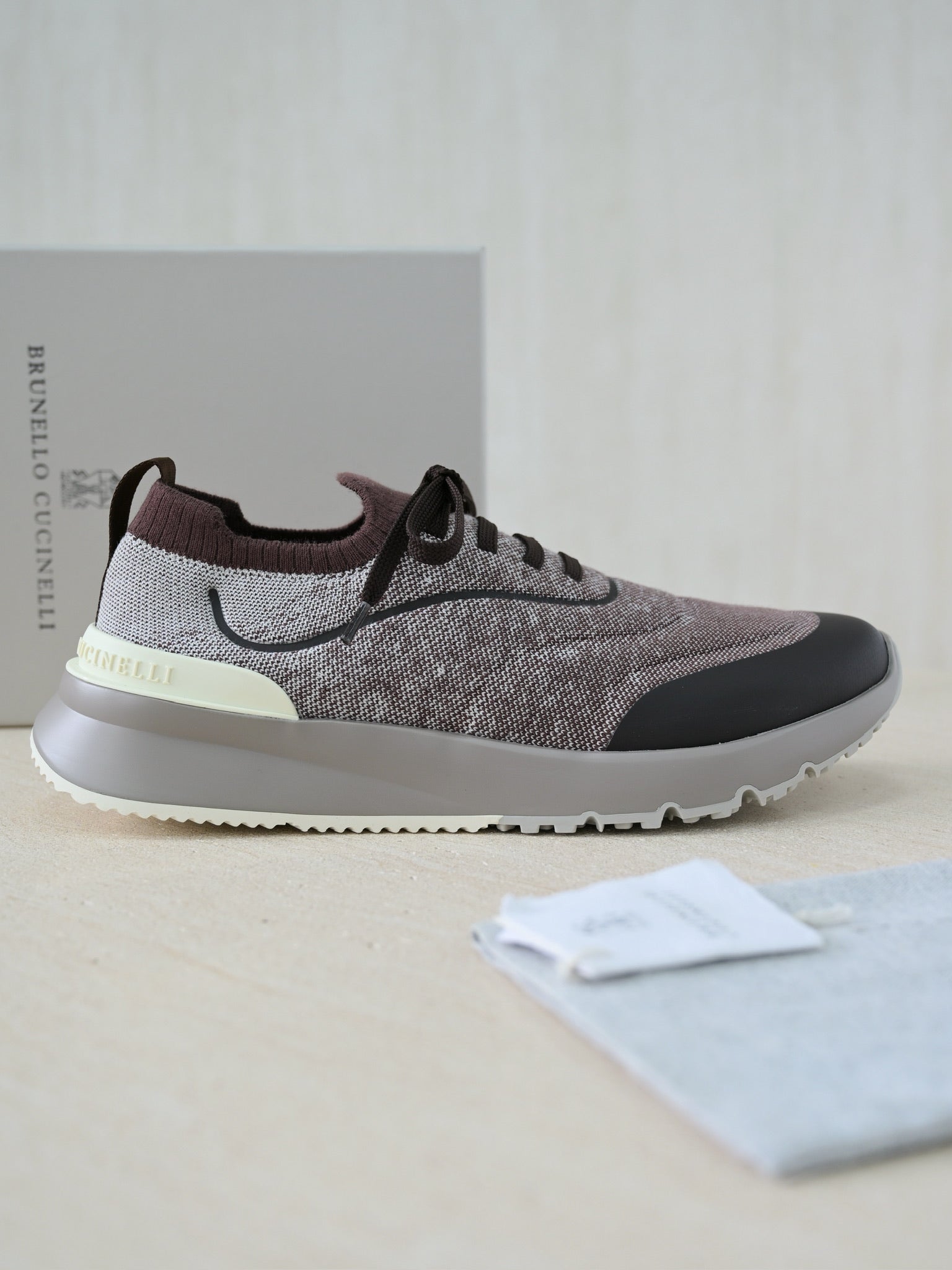 Brunello Cucinelli Herren Sneaker aus Strickgewebe mit Lederakzenten - Beige/Braun