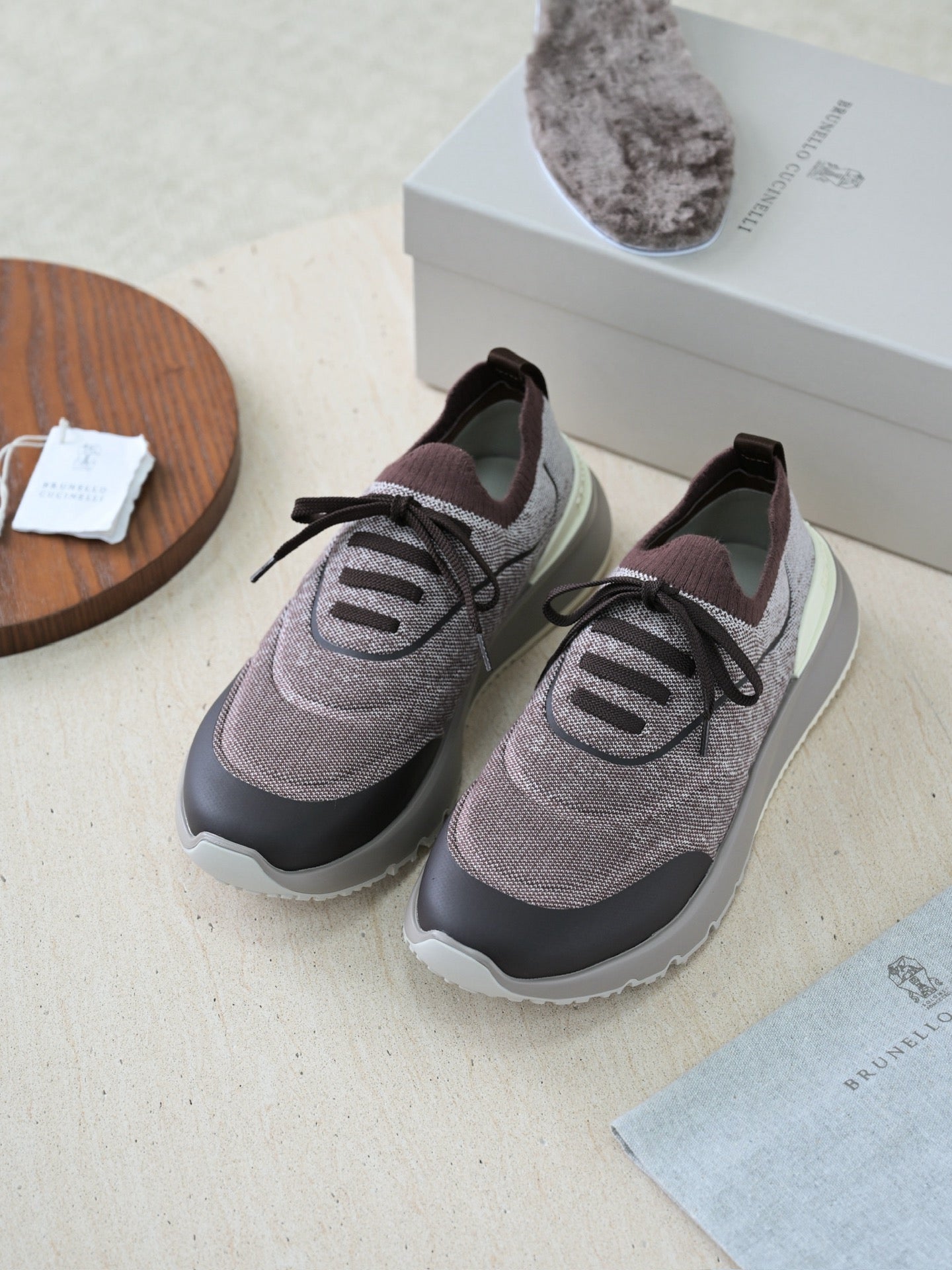 Brunello Cucinelli Herren Sneaker aus Strickgewebe mit Lederakzenten - Beige/Braun