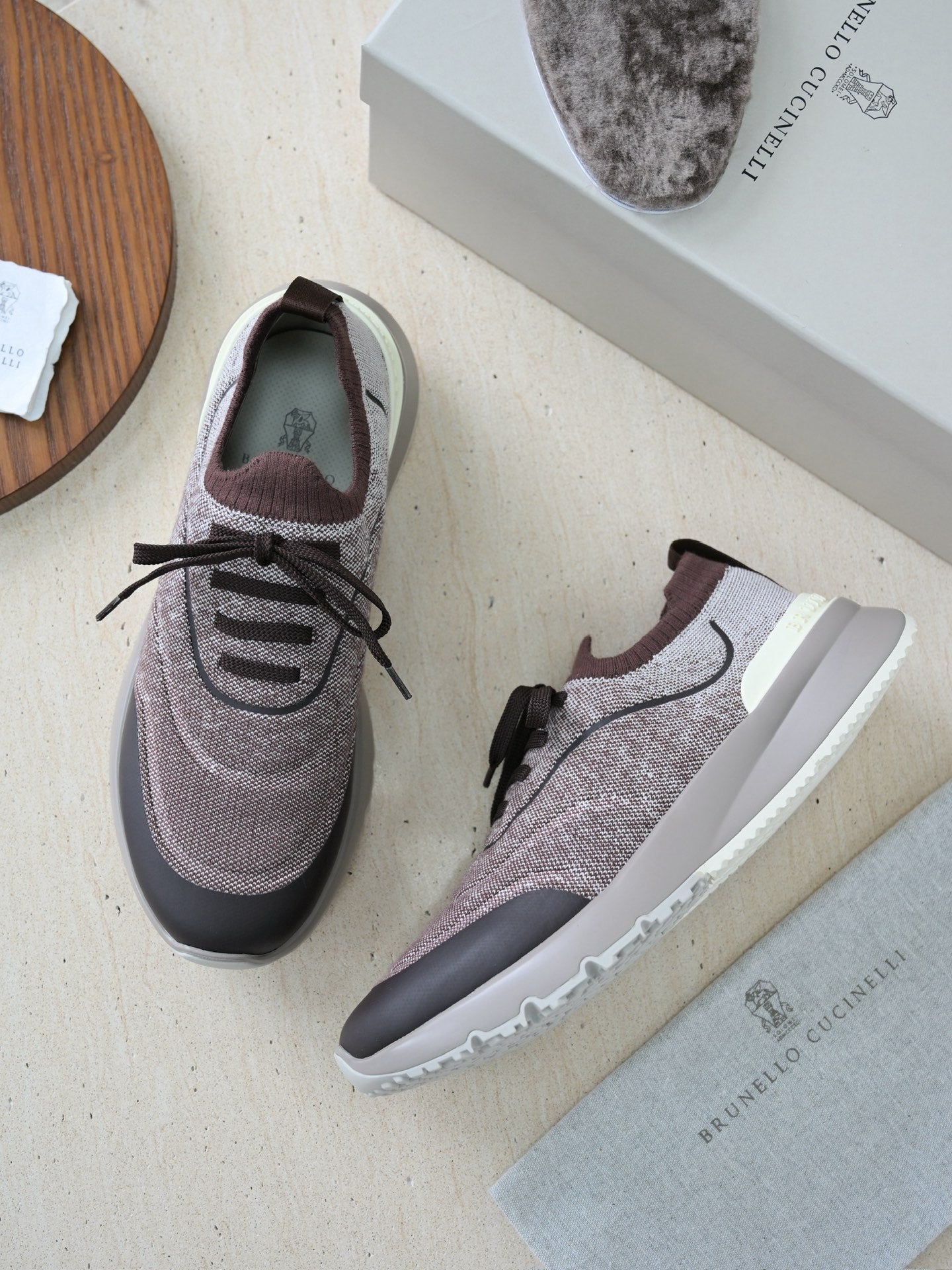 Brunello Cucinelli Herren Sneaker aus Strickgewebe mit Lederakzenten - Beige/Braun