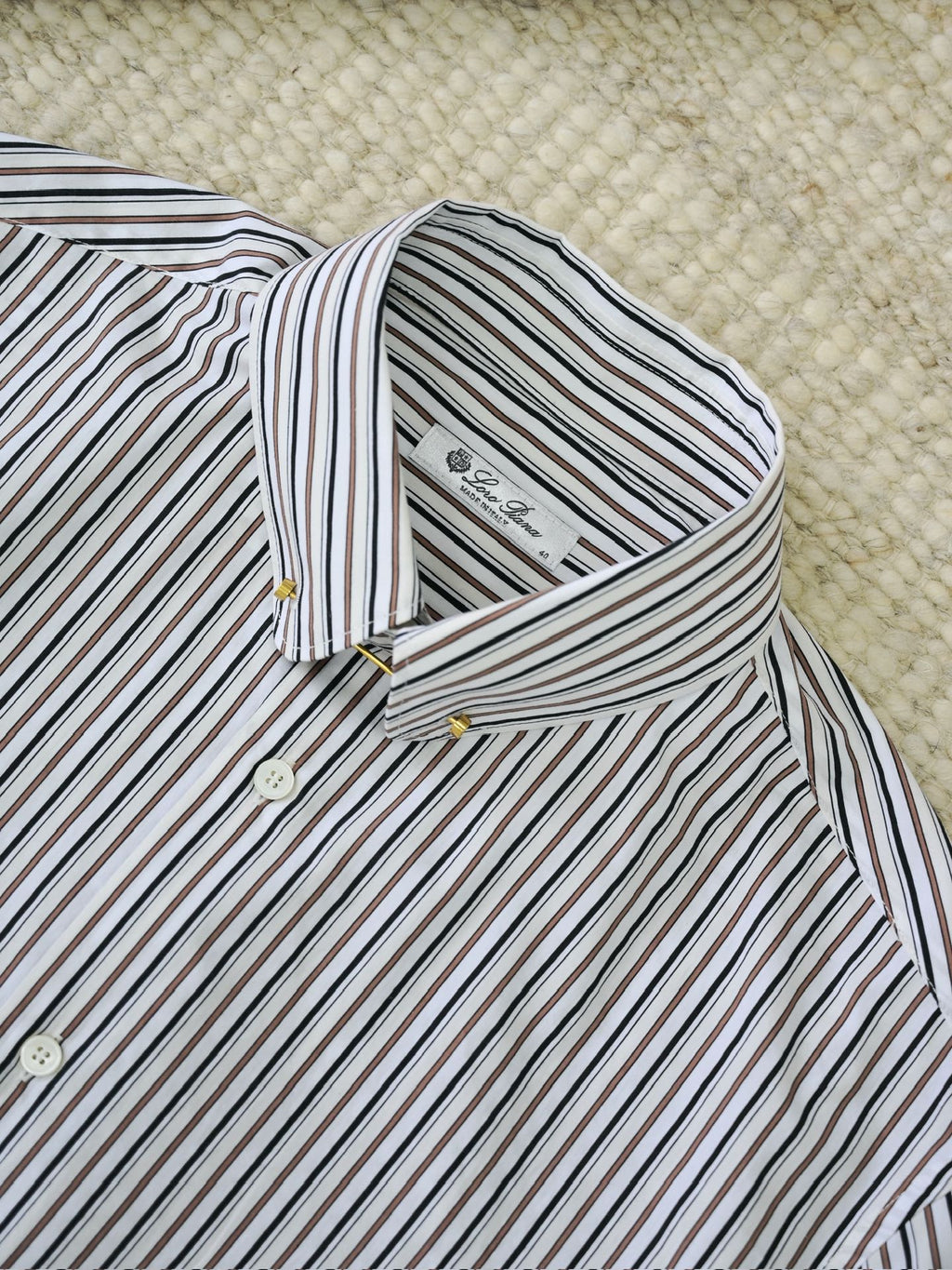 Loro Piana Herren-Hemd aus Baumwolle mit braun-schwarz-weissem Streifenmuster