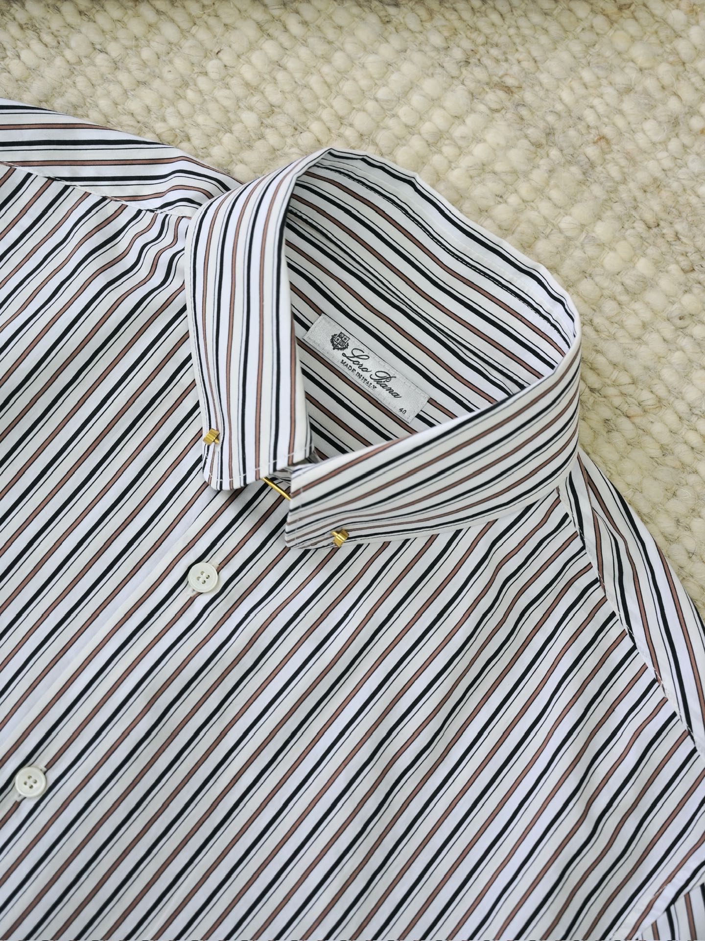 Loro Piana Herren-Hemd aus Baumwolle mit braun-schwarz-weissem Streifenmuster