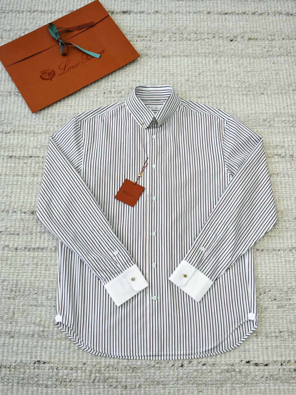 Loro Piana Herren-Hemd aus Baumwolle mit braun-schwarz-weissem Streifenmuster