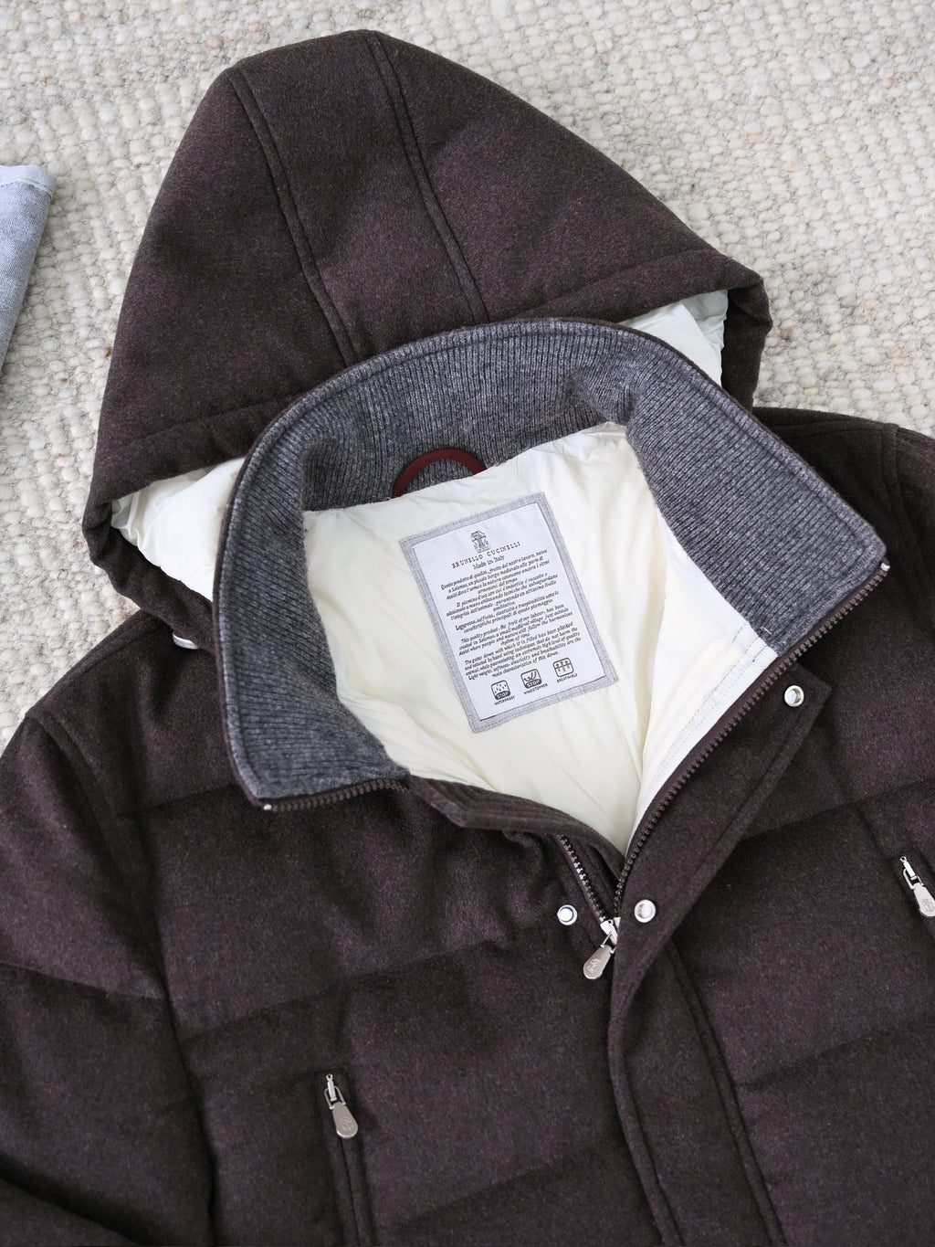 Brunello Cucinelli Herren Daunenparka aus Wollmix mit Kapuze – Dunkelbraun
