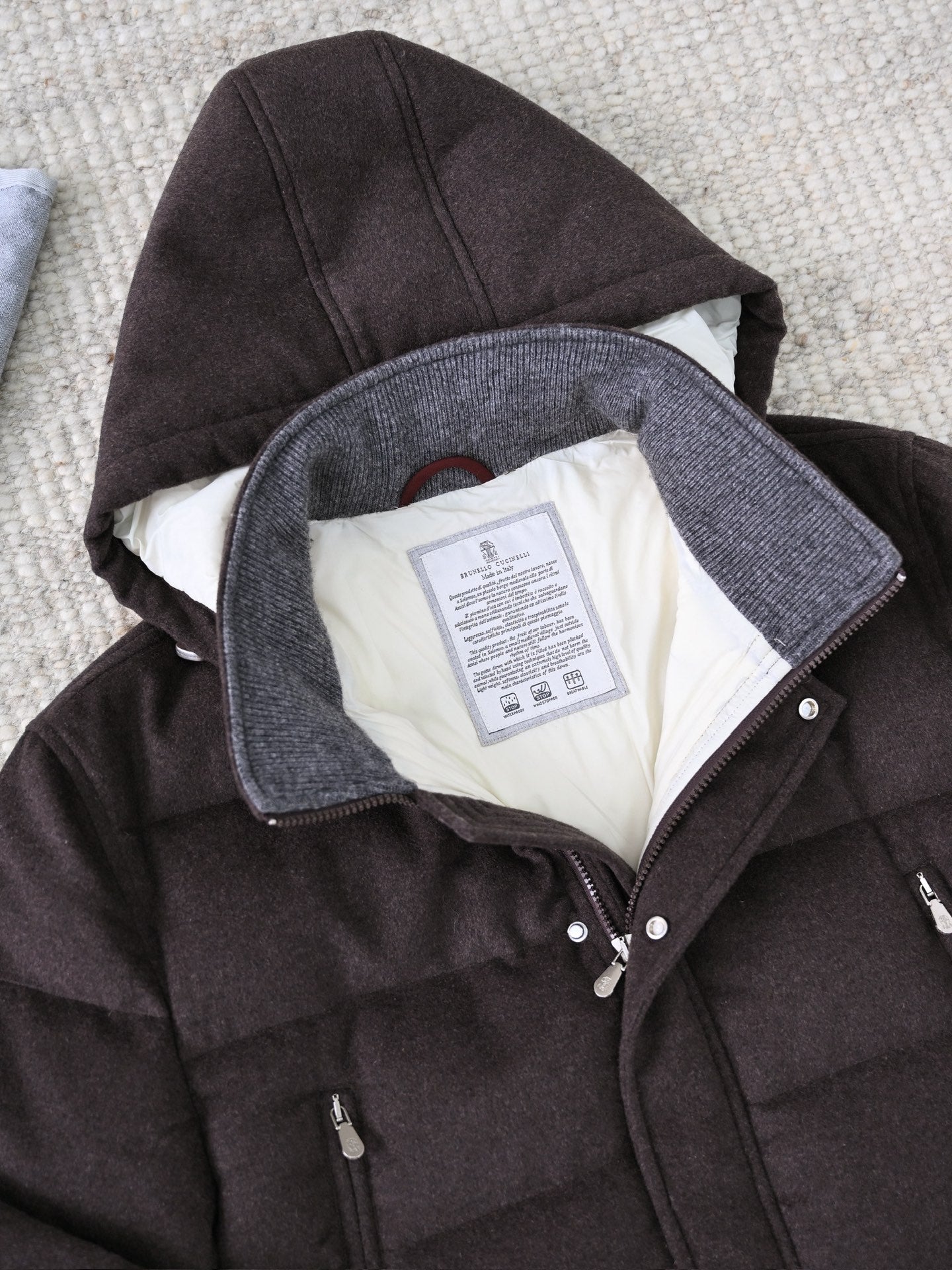 Brunello Cucinelli Herren Daunenparka aus Wollmix mit Kapuze – Dunkelbraun