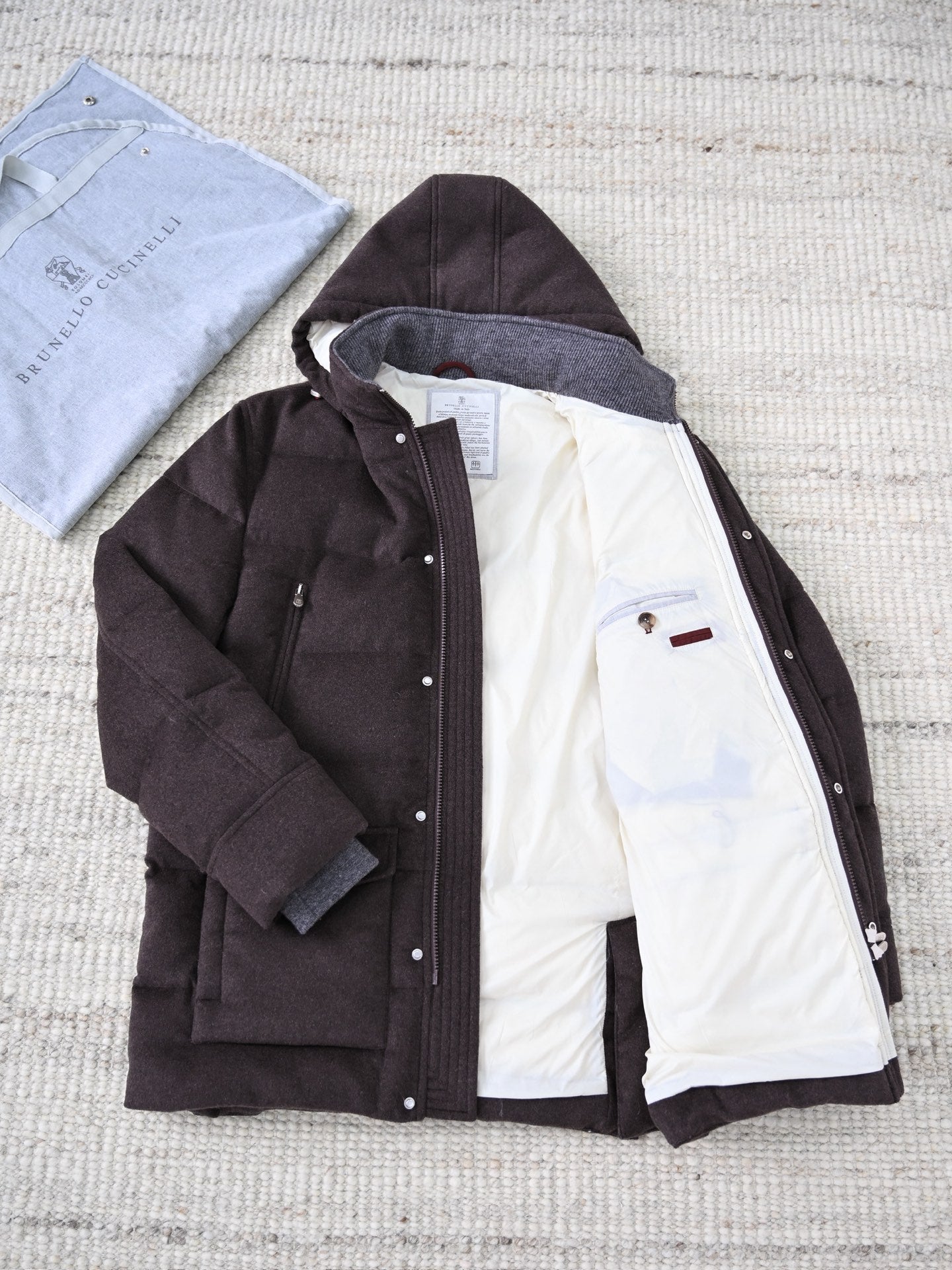 Brunello Cucinelli Herren Daunenparka aus Wollmix mit Kapuze – Dunkelbraun