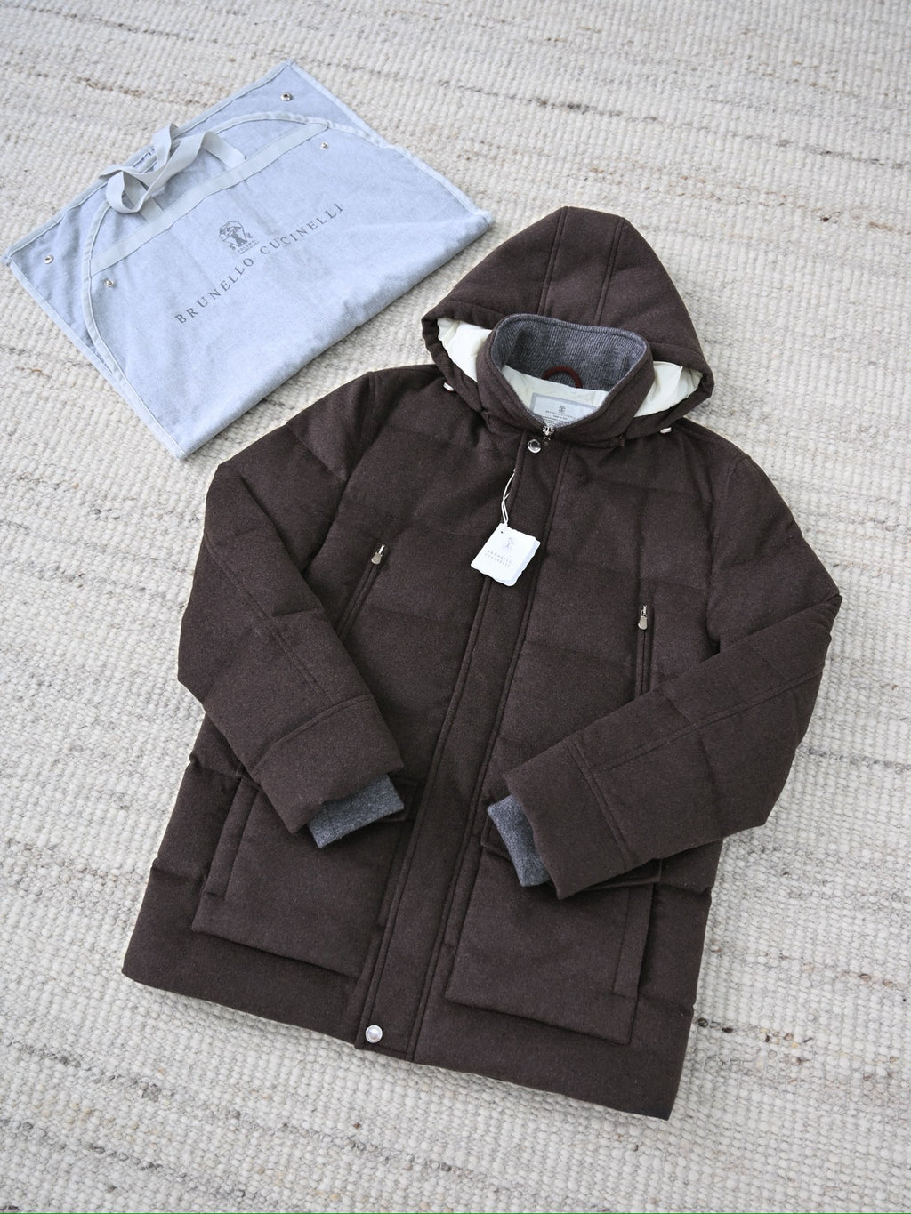 Brunello Cucinelli Herren Daunenparka aus Wollmix mit Kapuze – Dunkelbraun